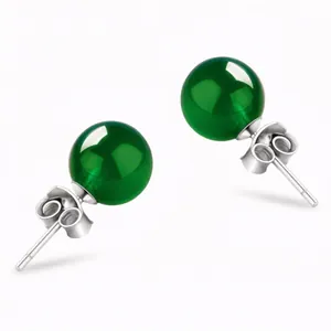 Elegant S925 sterling silver stud earrings featuring polished green agate round beads