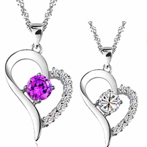 925 Sterling Silver Heart Pendant Necklace with Zirconia Gems in Purple and White