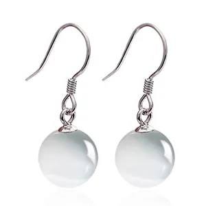 Dangle Hook Earrings 925 Sterling Silver Cat Eye Stone Round Bead Minimalist Elegant Jewelry For Women