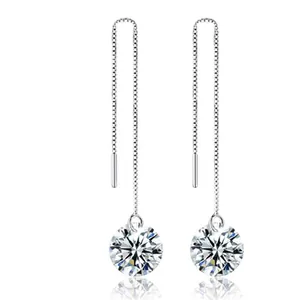 925 Sterling Silver Long Tassel Threader Earrings For Women Round White Rhinestone Elegant Simple Fashion Jewelry Gift