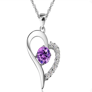 925 silver heart necklace with purple zircon and small diamonds on white background