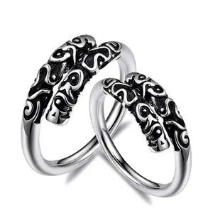 Vintage 925 Sterling Silver Monkey King Bar Ring Adjustable Open Ring Lucky Cloud Pattern Retro Thai Silver Couple Jewelry