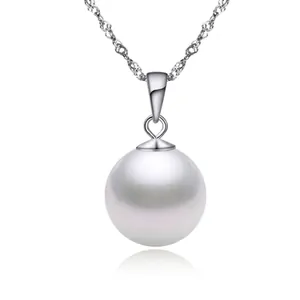 Classic S925 sterling silver necklace with a round white shell pearl pendant on a link chain