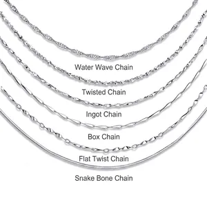 S925 Sterling Silver Necklace Chains Set: Water Wave, Snake Bone, and Ingot Styles