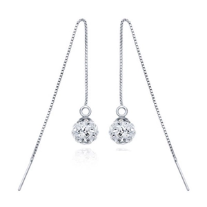 Detail view of S925 silver long tassel earrings with sparkling Shamballa crystal ball pendant