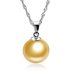 Polished S925 sterling silver necklace with a round golden pearl pendant on white background
