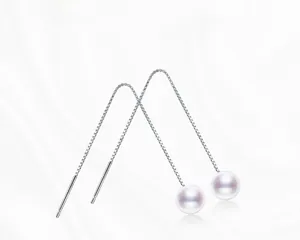 Detail of S925 sterling silver tassel drop earrings with round white pearls