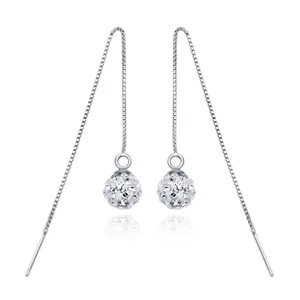 925 Sterling Silver Shamballa Threader Earrings For Women Long Tassel Disco Ball Rhinestone Dangle Earrings Fashion Jewelry