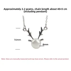 Detailed view of S925 silver reindeer antler necklace with 8mm pearl and dimensions