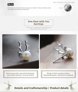 Macro detail of S925 sterling silver reindeer earrings with natural freshwater pearls