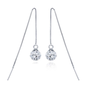 S925 sterling silver long tassel threader earrings with sparkling Shamballa crystal balls
