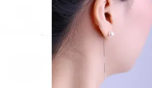 Detailed view of S925 sterling silver box chain earrings with white round pearls