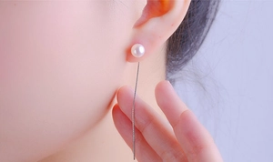 Close-up of elegant S925 sterling silver drop earrings with lustrous round white pearls