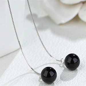 Minimalist 925 sterling silver tassel drop earrings with smooth black agate crystal beads