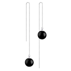 Minimalist 925 sterling silver drop earrings featuring long tassels and black agate beads