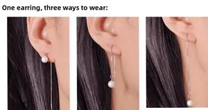 S925 sterling silver long chain earrings with pearls showing three flexible wearing styles