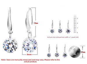 Detailed view of 925 silver hook earrings with 8mm cubic zirconia and size scale