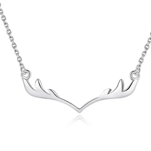 Elegant S925 sterling silver deer antler pendant necklace with polished finish on white base