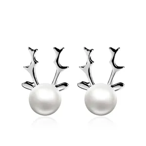 S925 Sterling Silver Reindeer Antler Artificial Pearl Stud Earrings For Women Christmas Gift Elegant Animal Shaped Earring Jewelry