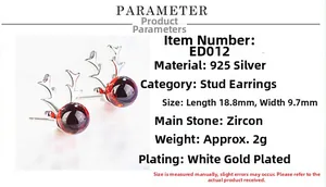 Detail of 925 sterling silver reindeer earrings with red zircon and size parameters