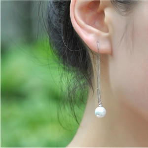 Elegant S925 silver long threader earrings with natural white pearls on box chain
