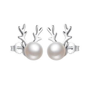 S925 sterling silver reindeer antler stud earrings with pearls for Christmas gifts