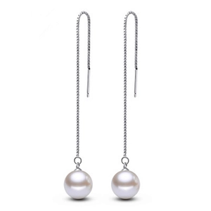 Elegant S925 sterling silver long tassel drop earrings with round white shell pearls