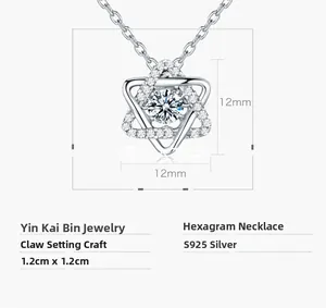 Detail of 925 sterling silver hexagram pendant necklace with zircon prong setting
