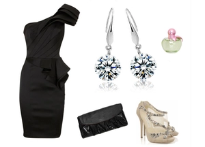 Formal evening ensemble featuring 925 silver cubic zirconia drop earrings and accessories
