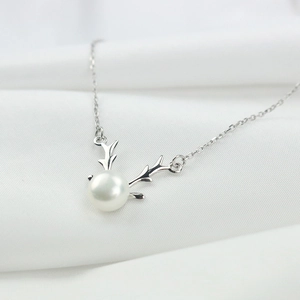 925 Sterling Silver Antler Freshwater Pearl Necklace For Women Fashion Deer Horn Pendant Clavicle Chain Christmas Gift Jewelry