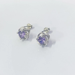 S925 sterling silver clover stud earrings with hollow design and purple cubic zirconia
