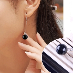 925 silver tassel drop earrings with black agate beads on model and detail view