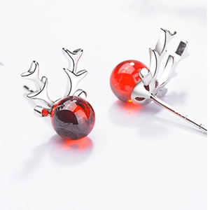 925 silver reindeer antler stud earrings with red garnet bead accents for women
