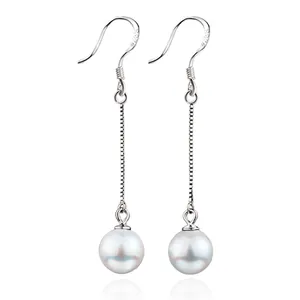925 Sterling Silver Dangle Earrings With White Round Shell Artificial Pearl Elegant Long Chain Jewelry For Women