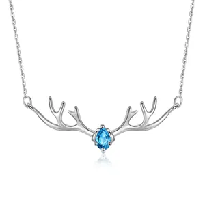Collier Pendentif Bois de Cerf en Argent Sterling 925 pour Femme Élégant Zirconia Goutte d'Eau Chaîne Réglable Bijoux de Mode Style Nature
