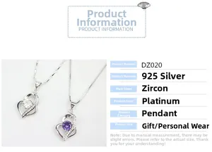 Detailed view of 925 sterling silver heart pendants featuring white and purple zircon stones