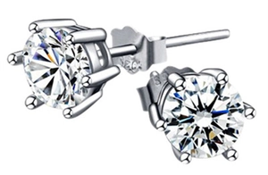 Detailed close-up of S925 sterling silver stamp on classic six-prong stud earring