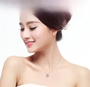 Close-up of 925 sterling silver hexagram necklace with sparkling zircon on model's neck