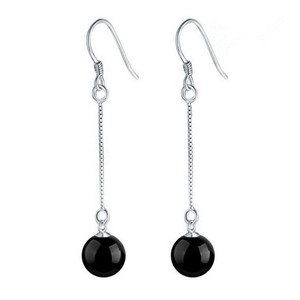 925 sterling silver tassel drop earrings with black onyx beads and long box chains