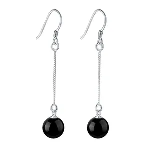 Elegant 925 sterling silver drop earrings with long tassels and polished black onyx beads