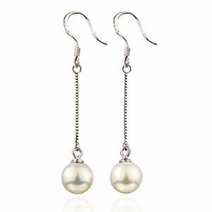 Elegant 925 sterling silver drop earrings with long chains and natural round pearls