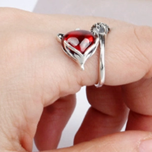 S925 silver red fox open ring with sparkling zircon stone for women trendy jewelry