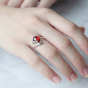 S925 sterling silver open ring with red fox design and sparkling ruby gemstone