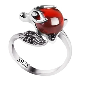 S925 sterling silver fox open ring with red gemstone and sparkling black accents
