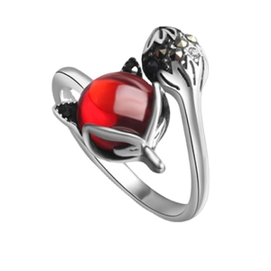 S925 sterling silver open fox ring featuring a red crystal stone and black accents