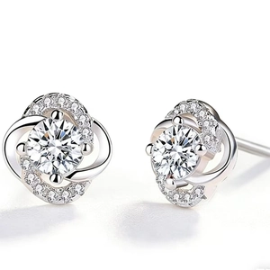Boucles d'Oreilles Clous en Argent Sterling 925 Trèfle Fleur Avec Zirconia Bijoux Fins pour Femmes Cadeau