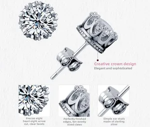 Dettaglio orecchini corona in argento 925 con zirconi taglio cuore e freccia e castone a dieci punte