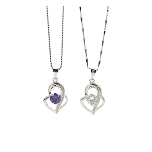 Elegant 925 sterling silver heart necklaces with purple and white gemstones on white background