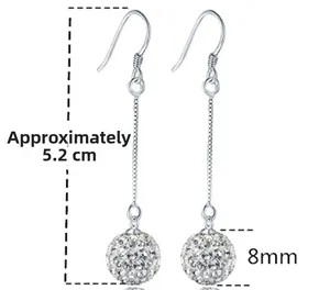 Detail view of 925 sterling silver long tassel earrings with 8mm crystal disco balls