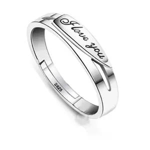 Men's S925 sterling silver open ring featuring I Love You engraving and polished finish